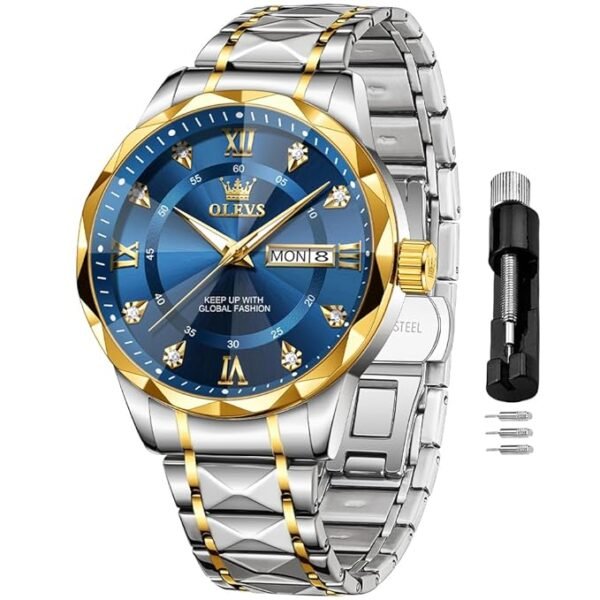 OLEVS Men's Business Watch Gold Blue with Large Easy-Read Analog Quartz Date Display Luxury Stainless Steel Band Waterproof Luminous Hands